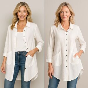 Cynthia Ashby 100% Linen Tunic Shirt Overshirt Button Front S USA Boho Lagenlook